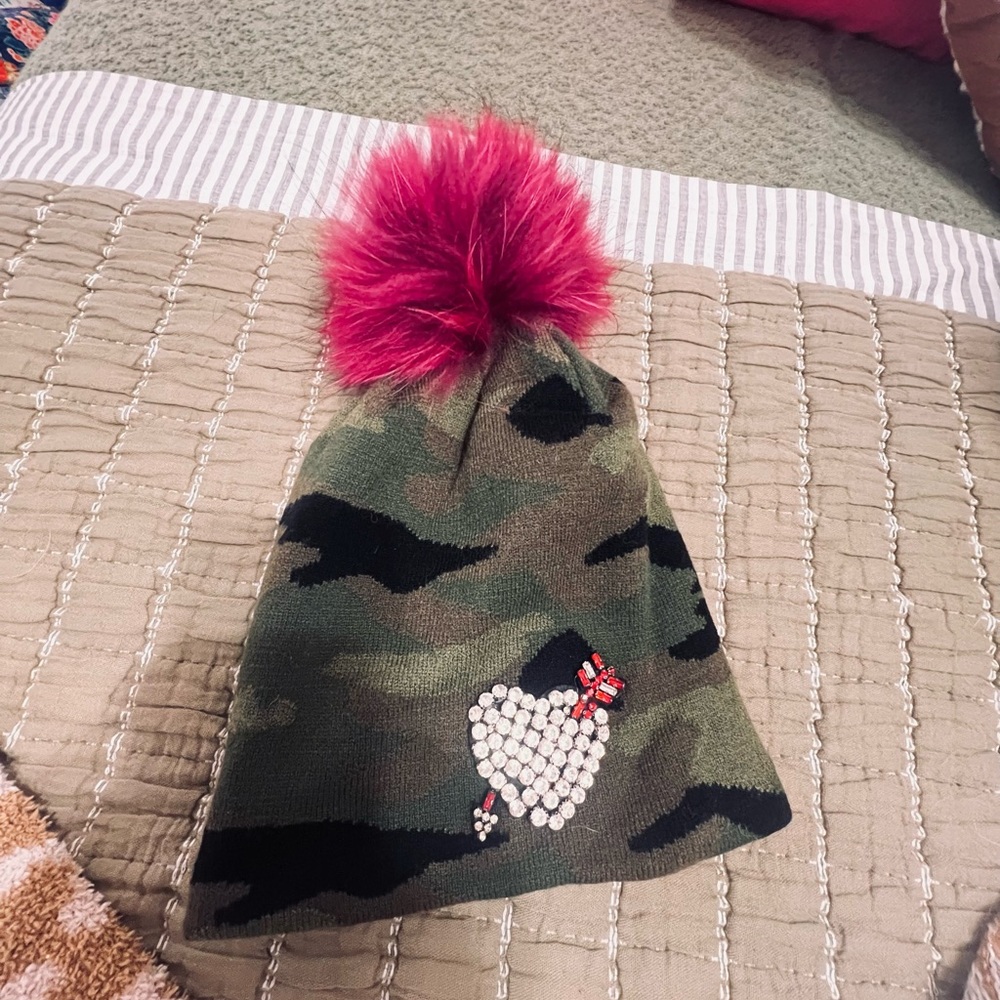 Camouflage Kids Beanie with Pink Pom Pom